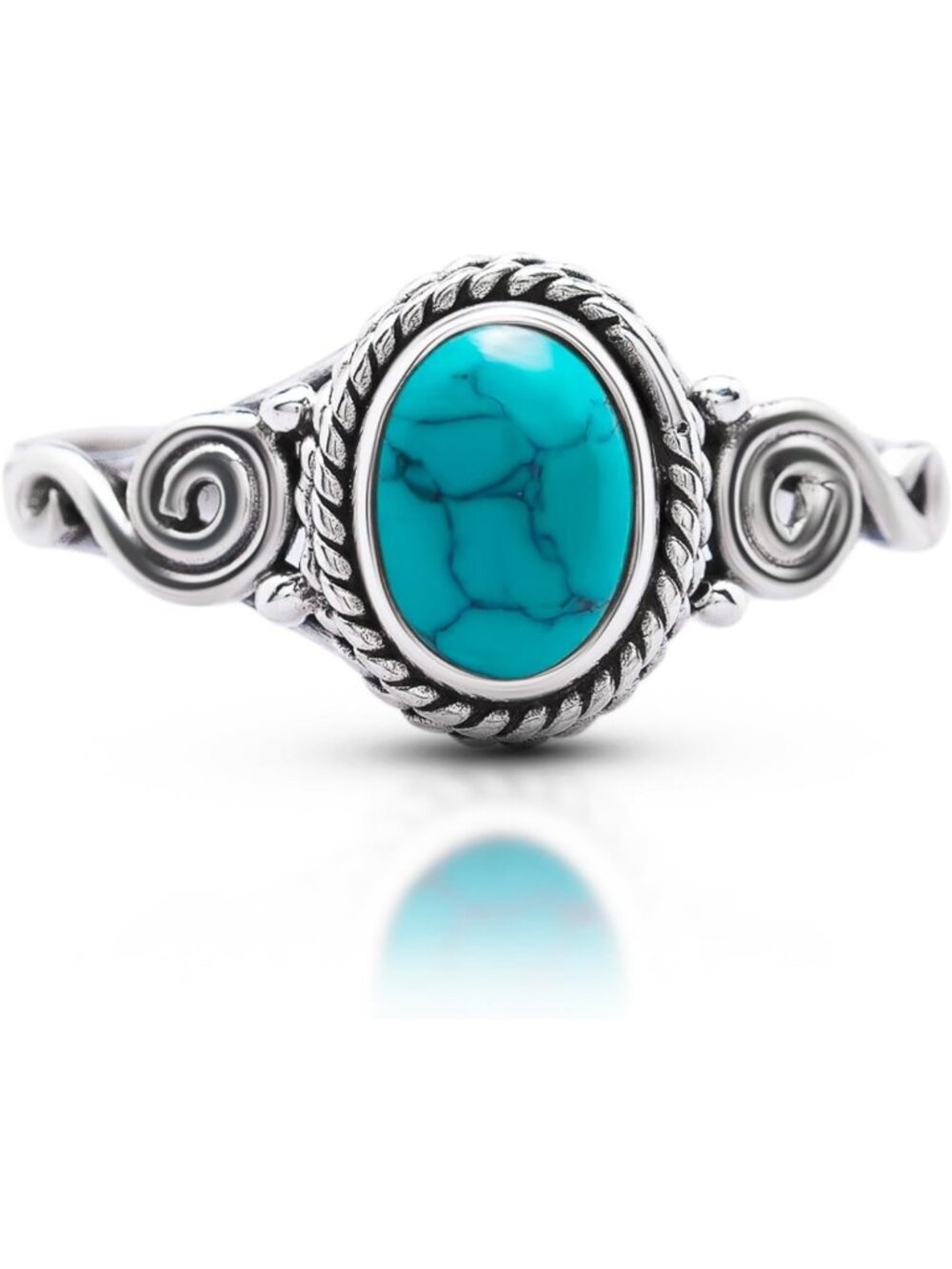 Boho Vintage Tribal Spiral Turquoise Ring in 925 Sterling Silver, Sizes 5-10